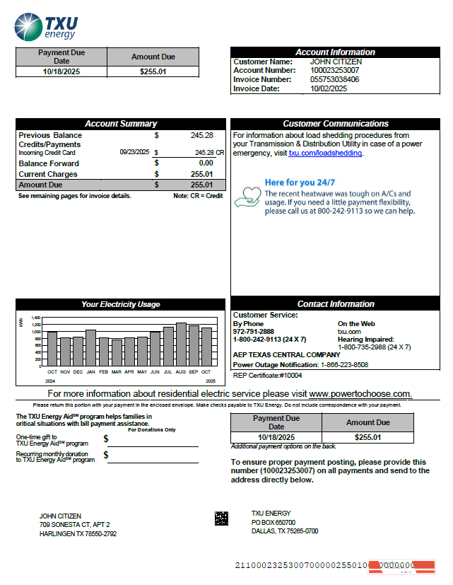USA TXU Energy utility bill template in Word and PDF formats, version 5
